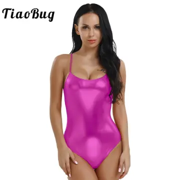 TiaoBug Womens Glossy Stretchy Swimwear Red Satin Bodysuit With