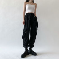QWEEK Goth Cargo Pants Women Punk Capris Pants Harajuku High Waist Pants Oversize Detachable Strap Casual Trousers Emo Techwear