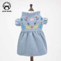 [COD] and summer puppy clothes denim embroidered dress kitten two-legged pet dog