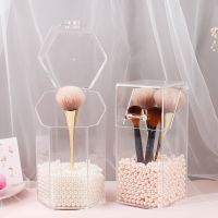 Square Pearl Cosmetic Acrylic Box with Lid Transparent Flip Cover Brush Bucket Organizer Brushes Container Desktop Accessories