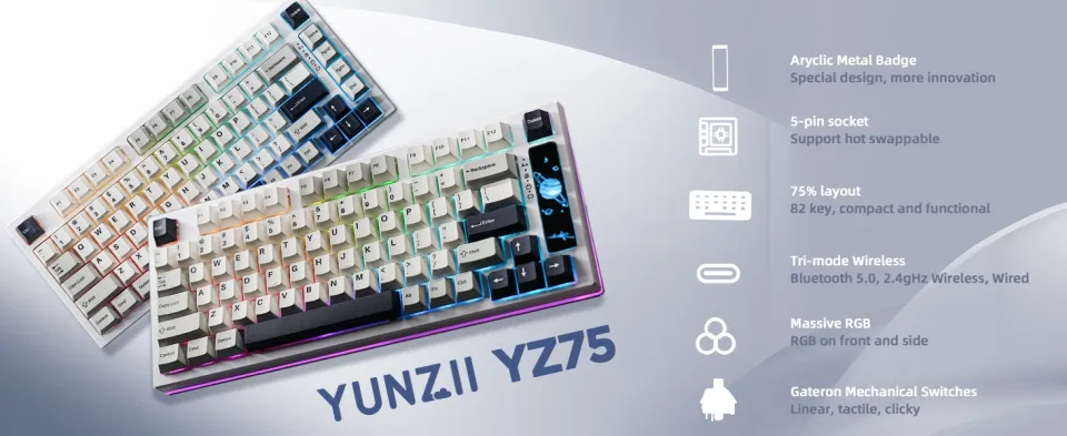 YUNZII YZ75 White 75% Hot Swappable Wireless Gaming Mechanical