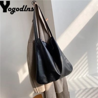 ▣ Yogodlns Vintage Women Large Capacity Shoulder Bag Soft PU Leather Tote Bag