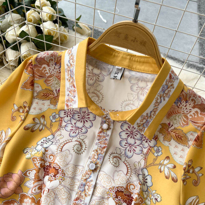 เดรสแขนสั้นพิมพ์ลายสำหรับผู้หญิงเดรสเสื้อเชิ้ตทรงเอบานใหญ่ทรงสลิมคอปกสไตล์ศาลยุโรปและอเมริกาเสื้อผ้าหน้าร้อนหรูหราและ2023