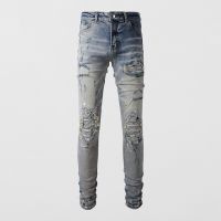 ❣✇ กางเกงยีนส์ AMIRI Mens Edition สไตล์แพทช์บุคลิกภาพ Paint Graffiti Style High Street Denim