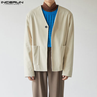 INCERUN เสื้อแจ็คเก็ตคาร์ดิแกนคอวีสไตล์ญี่ปุ่นย้อนยุคแขนยาวสำหรับสุภาพบุรุษ (สไตล์เกาหลี)