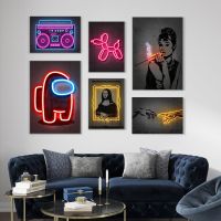 2023●✈ Neon Graffiti Art Creation Poster Print Monalisa Boombox Street Art Canvas Painting Balloon Dog Wall Pictures Gaming Room Decor