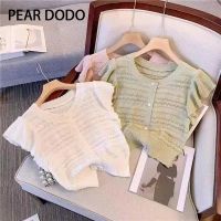 PEAR DODO คาร์ดิแกนถักคอกลมแขนลูกไม้ลูกไม้แขนสั้นแบบหลวมเกาหลีสำหรับผู้หญิง