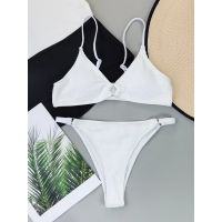 Women Swimsuit Solid Color Metal Ring Two Piece High Waist High Cut Bikini Swimwear