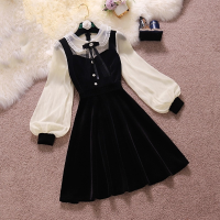 2022 Vintage Velvet Black Dress Stand Neck Lantern Sleeve Party Robe High Waist Slim Korean Elegant Dresses Women Gothic Dresses