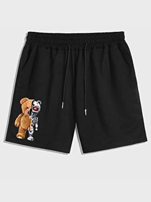 MABIBI Mens Shorts Men Bear Print Drawstring Waist Shorts Shorts for Men (Color : Black, Size : Large)