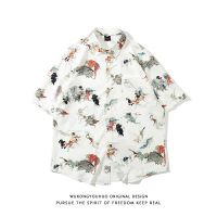 Hip-hop trendy brand retro printed shirt mens trendy loose Hawaiian short-sleeved floral shirt jacket men 【BYUE】