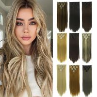 Straight 16 Clips 7Pcs/Set Hair Extensions Wavy Hairstyle Natural Synthetic Black Blonde Hairpieces Heat Resistant For Women