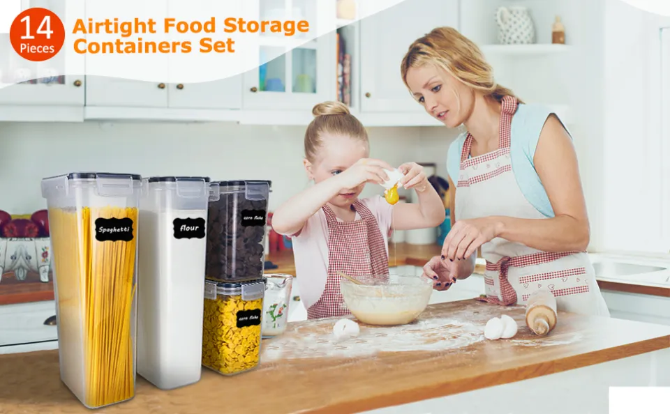 14pcs/set Sealed Food Storage Container Kit - Bpa-free Clear Plastic  Kitchen And Pantry Organizing Canisters With Durable Lids, Suitable For  Cereal, Flour, Sugar - Label, Marker Pen And Spoon Set Included