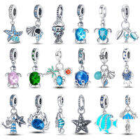 100% เงินแท้ 925 Ocean Series Turtle Crab Mermaid Charms ลูกปัด Fit Pandora สร้อยข้อมือกำไลข้อมือเครื่องประดับของขวัญ-Naoei