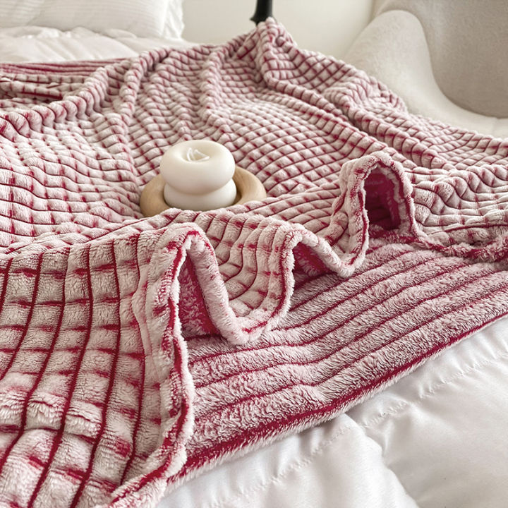 ผ้าห่มลายสก๊อตปุยสำหรับเดี่ยว-คู่-ราชินี-เตียงคิงไซส์ผ้าห่มขนแกะปะการังบนโซฟาสีทึบตกแต่งโซฟาผ้าคลุมเตียง