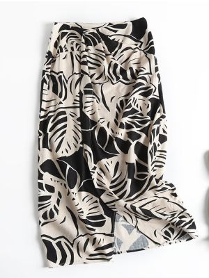 YENKYE ใหม่ผู้หญิงใบพิมพ์ผ้าลินิน Midi กระโปรงวินเทจเอวสูงเซ็กซี่ Slit ฤดูร้อนสุภาพสตรีกระโปรง