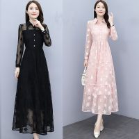 [COD] Womens lace dress 2021 autumn new womens long-sleeved lapel temperament noble lady long knee-length