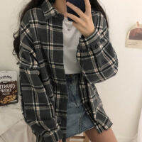 Flectit Flannel Oversized Shirt Long Sleeve Collared Boyfriend Plaid Blouse Fall Winter Womens Blouses &amp; Shirts *