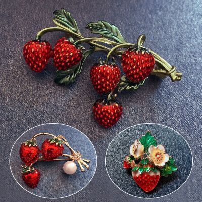 Enamel Strawberry Brooches Fruit cute flower strawberry girl brooch enamel silk scarf buckle clothing DIY Hat Bag Accessories