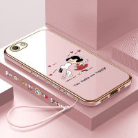 Serpens สำหรับ OPPO A59 F1S ฟรีสายคล้องการ์ตูนสนูปี้เคสโทรศัพท์เคสลายขอบสี่เหลี่ยมชุบหรูหราเคสโทรศัพท์นิ่ม