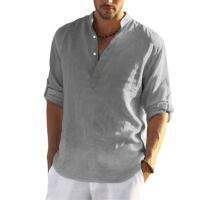 Mens casual loose shirt mens fashion stand collar pure cotton long-sleeved pure color shirt large mens wear