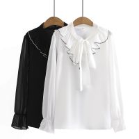 【มีไซส์ใหญ่】Plus Size L-4XL Womens White Black Chiffon Blouses Ladies Long Sleeved V-neck Elegant Tops Oversized A-line White Black Top