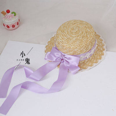 Vintage Mori Girl Cute Big Bow Lace Ribbon Lolita Straw Hat Japanese Sweet Elegant Princess Lolita Flat Cap Beach Cap Summer