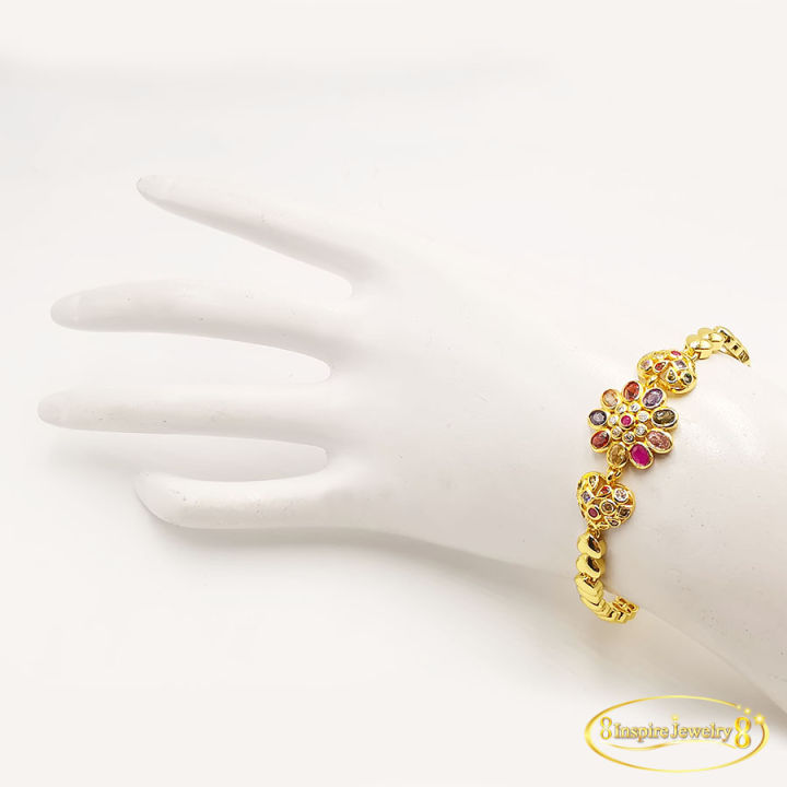 inspire-jewelry-สร้อยข้อมือนพเก้า-รูปดอกไม้-ขนาบหัวใจนพเก้า-งานจิวเวลลี่-หุ้มทองแท้-24k-17-cm-สวยหรู-พร้อมกล่องทอง