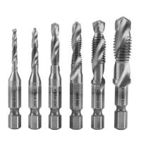 6Pcs Woodworking Tools Titanium Plated Hex Shank Drill Bits Set HSS Screw Thread Metric Tap Wrench Screw Machine Compound Thread Handtool parts Accessories