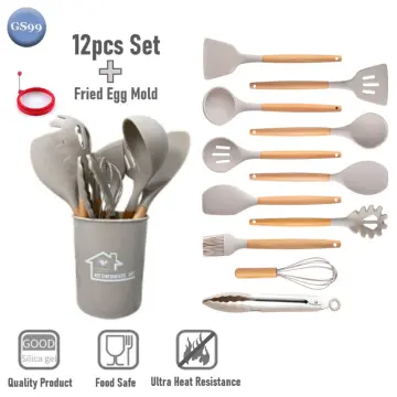 12pcs, Silicone Utensil Set, Khaki Kitchen Utensil Set With Wooden Handle,  Safety Cooking Utensils Set, Non