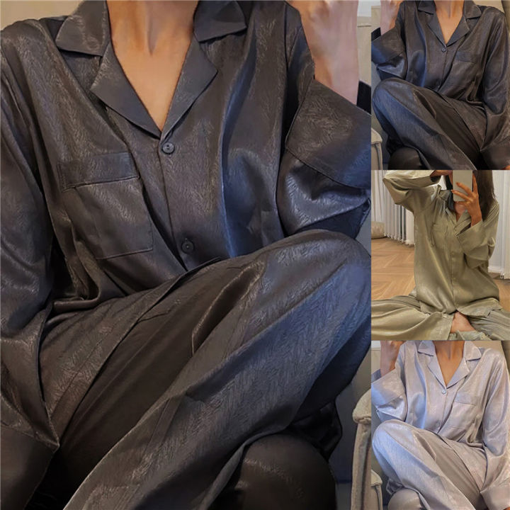 แฟชั่นสำหรับผู้หญิงชุดนอน2ชิ้นแขนยาวผ้าไหมน้ำแข็งเสื้อแบบบางกับกางเกงชุดใส่อยู่บ้าน2023-k-สไตล์เกาหลีสุดหรูใส่อยู่บ้าน