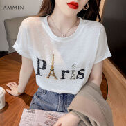 AMMIN Áo Thun Cotton Đính Kim Cương Nặng Tay Ngắn Bằng Lụa Lạnh Mùa Hè