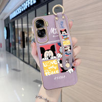 เคสสำหรับ Honor โทรศัพท์90 5G 90 Lite 5G พร้อมสายรัดข้อมือขอบสี่เหลี่ยมนุ่มการ์ตูนมิกกี้ลาย Minie ชุบเคสโทรศัพท์สุดหรูชุบเคสโทรศัพท์นิ่ม