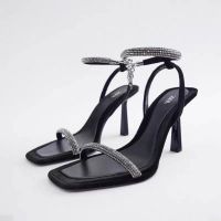 2023 summer new womens shoes black diamond buckle za/raˉfairy temperament square head high heels stiletto sandals women