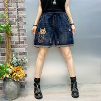 【มีไซส์ใหญ่】Plus Size M-3XL Womens Elastic Waist Cat Patchwork Summer Shorts High Waist Vintag Female Denim Shorts