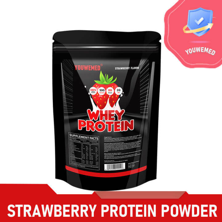 Strawberry flavored protein powder Muscle building protein powder Contains whey protein