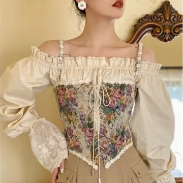 Women Vintage Floral Corset Top Lace up Jacquard Camisole Spaghetti Strap  Tank Top Party Bodice at  Women's Clothing store