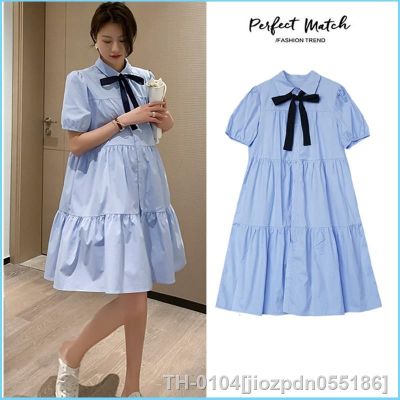 ►℗♀ jiozpdn055186 Azul vestido de maternidade verão manga curta turn-down colarinho mulher grávida mini com bowknot moda gravidez camisas blusa