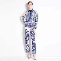 Womens Suit 2-Piece Set  Fashion All-Match Slimming Shirt +Loose Positioning Printing Pants Set