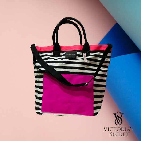 💯ORIGINAL Victoria Secret Extra large Pink/Black Striped Tote Bag NEW  (H-43.48 D-17.78 W-50.8 cm)