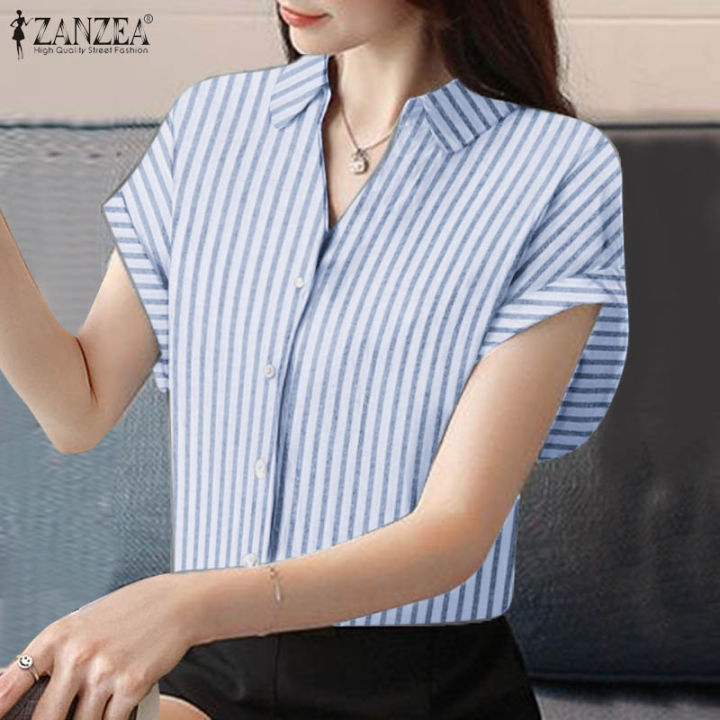 สินค้ามาใหม่-จัดส่งฟรี-fancystyle-zanzea-เสื้อทำงานแบบลำลองมีกระดุมสไตล์เกาหลีของผู้หญิงปกพิมพ์ลายทาง-10