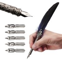 1 Set Feather Dip Fountain Pen Chancery Quill Turkey Oblique Pens 5pcs Nib Carved Metal for Fancy Calligraphy Vintage Pen Gift