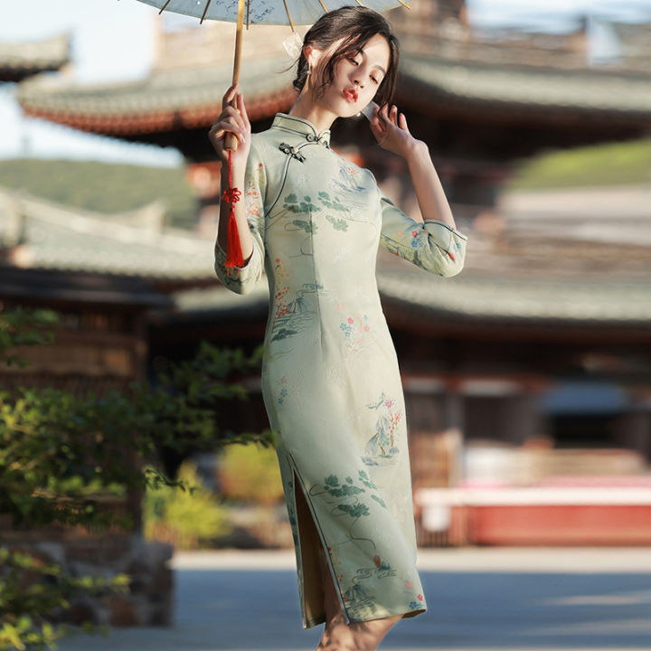 ปรับปรุงหนุ่ม-cheongsam-2021ผู้หญิงเก่าเซี่ยงไฮ้อารมณ์กลางความยาวหนังนิ่มระดับไฮเอนด์แขนยาว