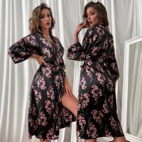 ；【‘；-  Womens Nightgown Black Robe Fashion Printed Homewear Casual Kimono Satin Bathrobe Sleepwear Autumn New Nightwear