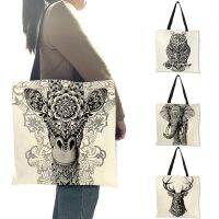 Simple Design Feminin Sac A Main HandBag Animal Painting Elephant Owl Eco Linen Shoulder Bags Foldable Reusable Bag for Women