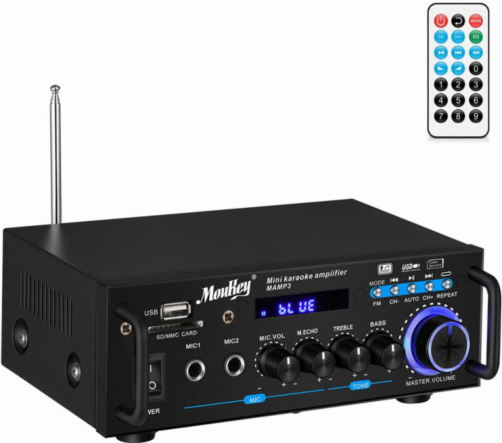 moukey-bluetooth-5-0-stereo-amplifier-for-home-audio-speakers-portable-2-channel-desktop-power-amplifier-receivers-with-fm-radio-mp3-usb-sd-readers-2-mic-input-remote-peak-power-100w-mamp3