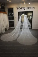 TOPQUEEN G52 2PC Bride Cape Veil with Pearls Bridal Wings Veil Soft Single Tier Bridal Shawl with Cut Edge Cape Bridal Wedding