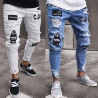 ✙♈ Ripped Skinny Biker Jeans Men Stretchy Ripped Skinny Biker Embroidery Print Jeans Destroyed Hole Taped Slim Fit Denim Long Trouser High Quality Denim Jeans