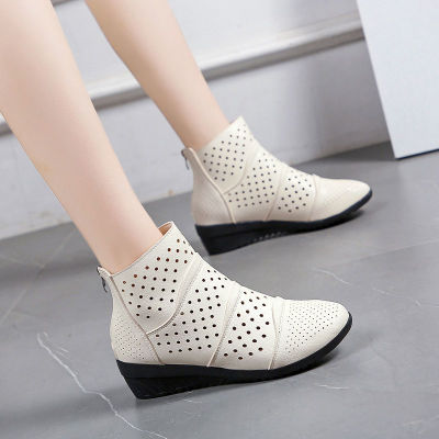 KFG945จริงหนังนุ่มเต้นรำรองเท้าแบบมีรูระบายผู้หญิงกลาง Heel Hollow Booties ลื่น Breathable Wedge รองเท้าผดุงครรภ์รองเท้า