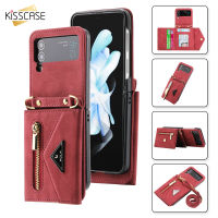 KISSCASE เคสหนังสำหรับ Samsung Galaxy Z Flip 4 5G เคสหนังวินเทจเชือกยาว Crossbody 3ช่องใส่บัตรกระเป๋าสตางค์สำหรับ Samsung เคสฝาพับ3 Flip4ฝาหลัง Flip3